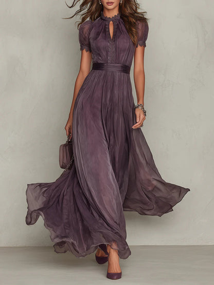 Abito Lungo Viola in Chiffon con Scollo a Goccia e Bordo in Pizzo