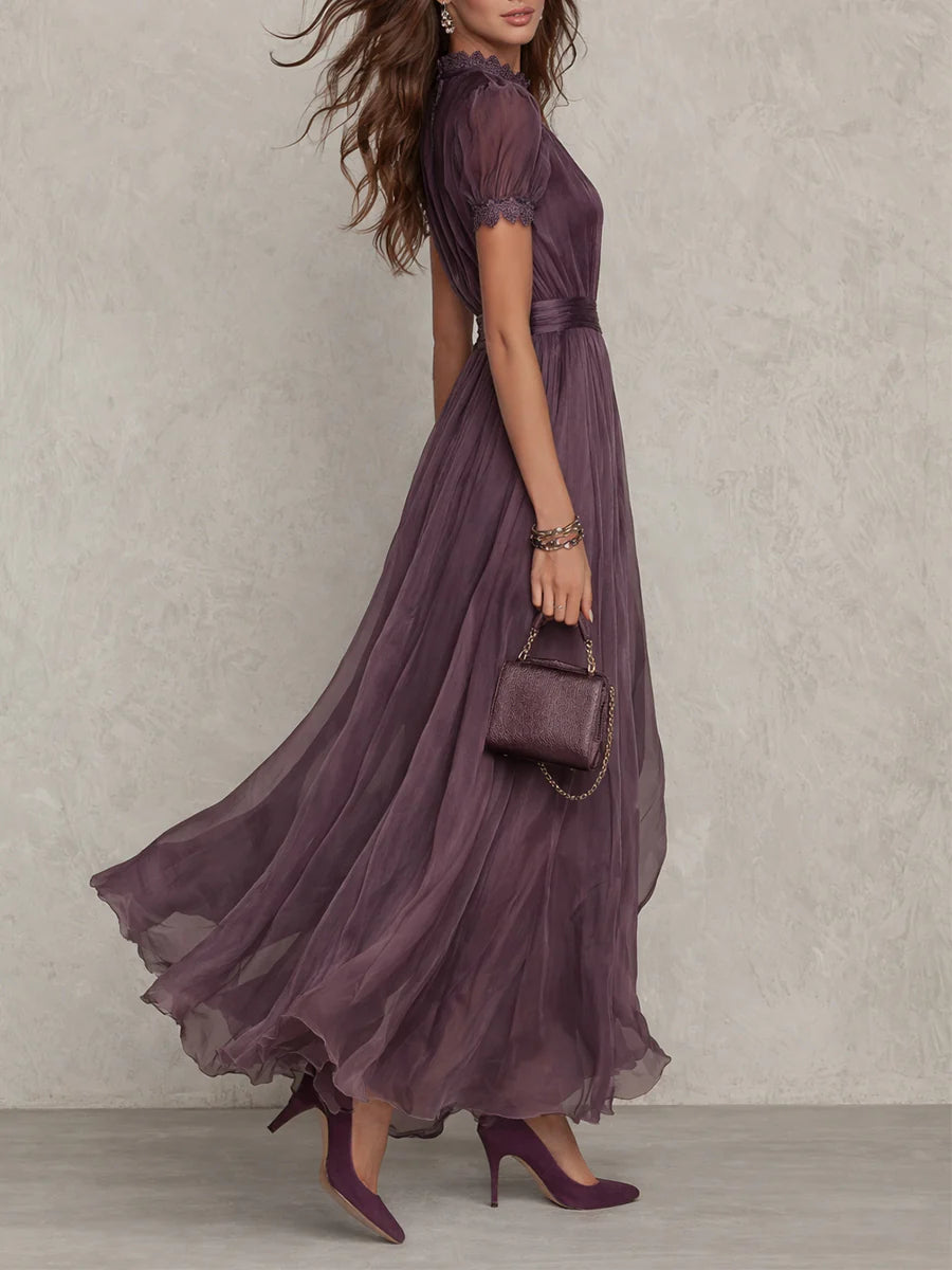 Abito Lungo Viola in Chiffon con Scollo a Goccia e Bordo in Pizzo