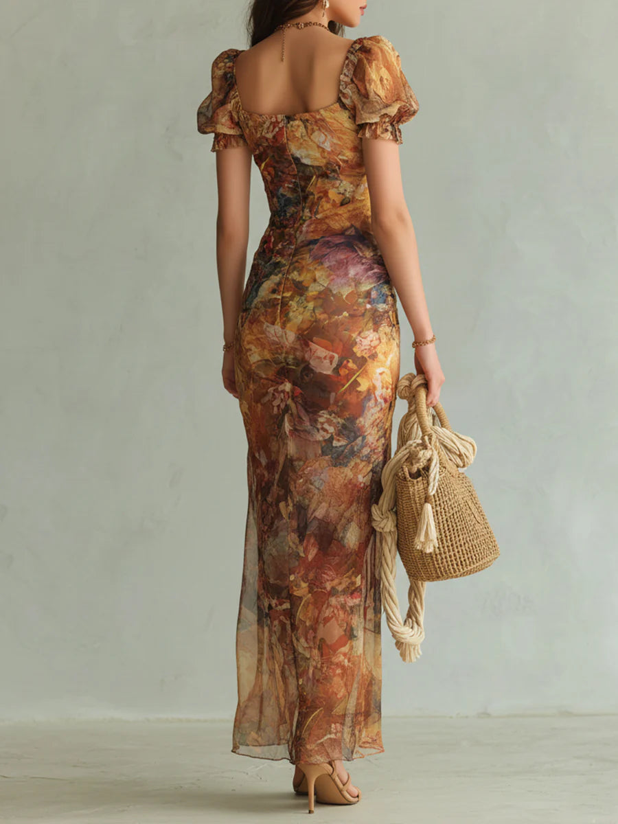 Abito Lungo Arancione Bohémien in Chiffon a Stampa Pittorica Vacanziera
