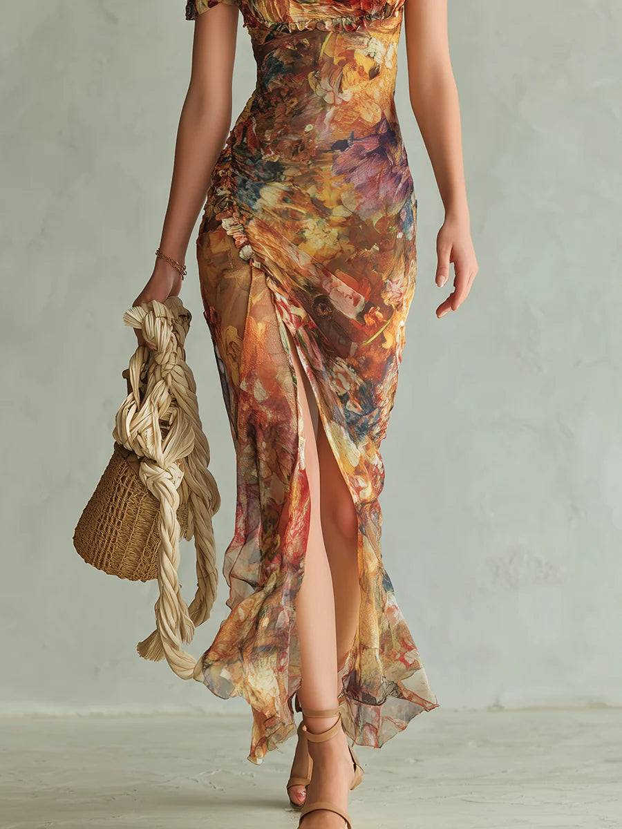 Abito Lungo Arancione Bohémien in Chiffon a Stampa Pittorica Vacanziera