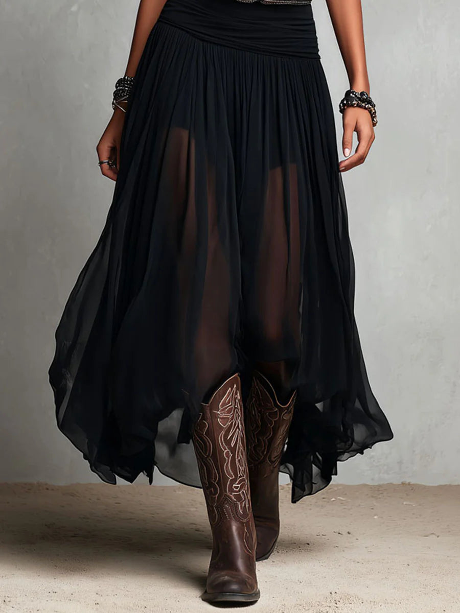Abito Lungo Nero Canotta Senza Maniche con Gonna in Tulle e Cintura