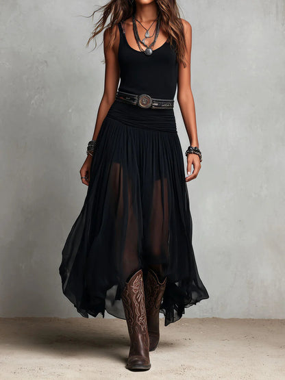 Abito Lungo Nero Canotta Senza Maniche con Gonna in Tulle e Cintura