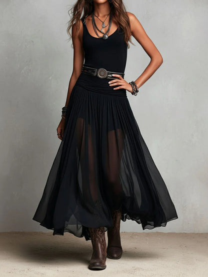 Abito Lungo Nero Canotta Senza Maniche con Gonna in Tulle e Cintura