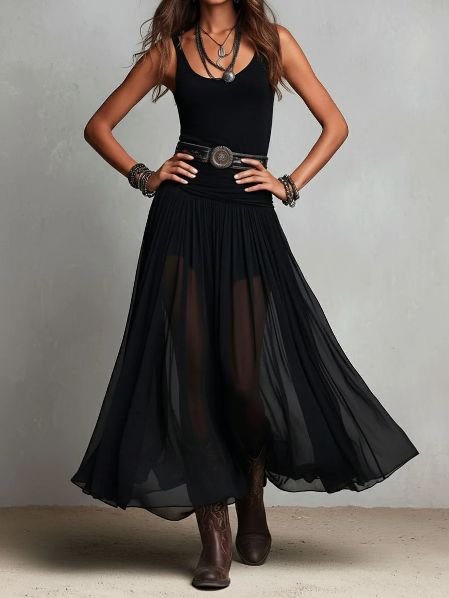 Abito Lungo Nero Canotta Senza Maniche con Gonna in Tulle e Cintura