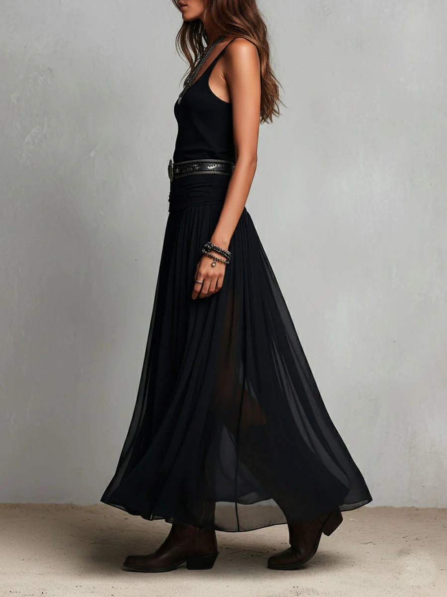 Abito Lungo Nero Canotta Senza Maniche con Gonna in Tulle e Cintura