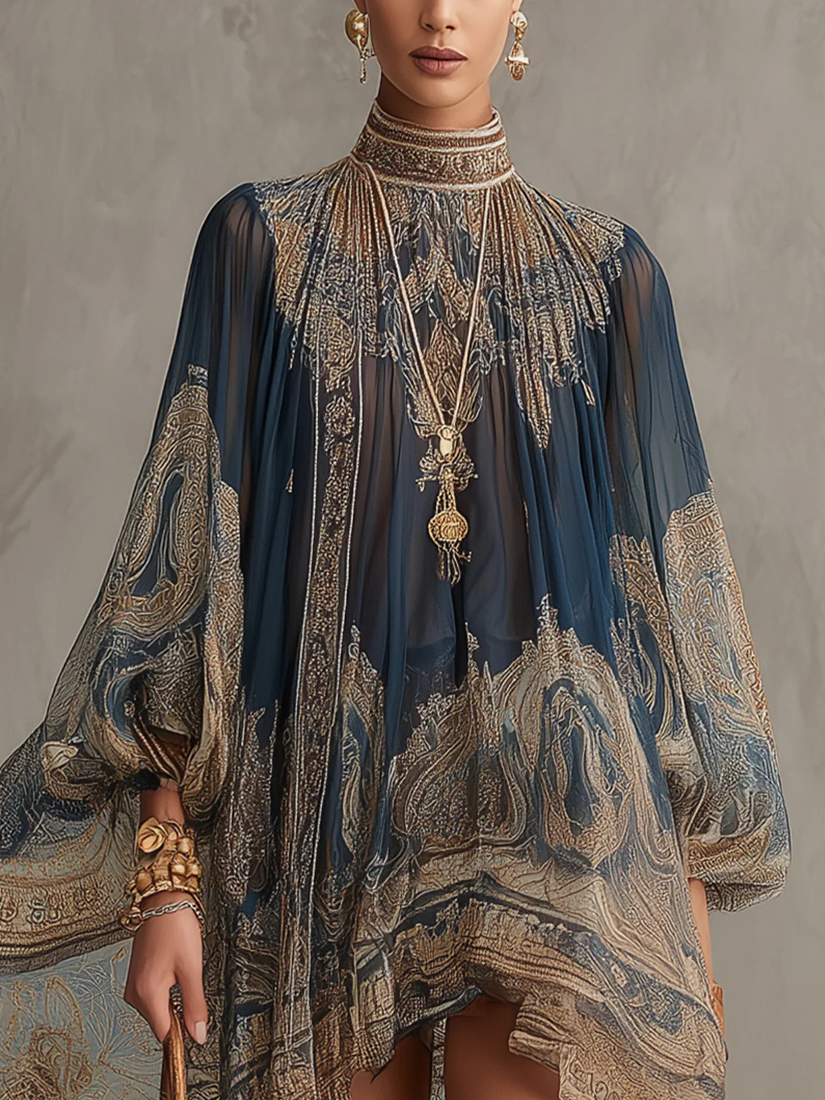 Vestito Mini Blu Navy Stampa Barocca Collo Alto in Chiffon Asimmetrico