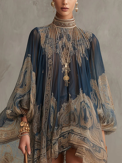 Vestito Mini Blu Navy Stampa Barocca Collo Alto in Chiffon Asimmetrico