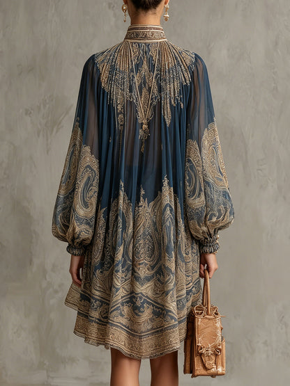 Vestito Mini Blu Navy Stampa Barocca Collo Alto in Chiffon Asimmetrico