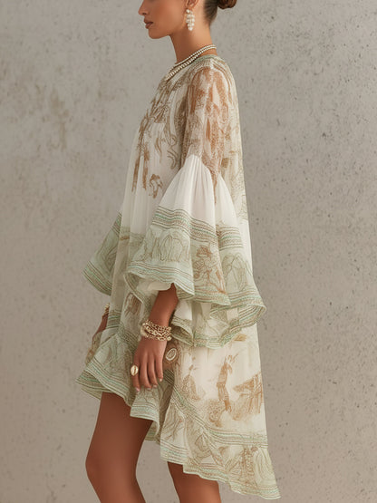 Rosalie | Mini Abito in Chiffon con Maniche a Volant e Orlo a Righe Verde