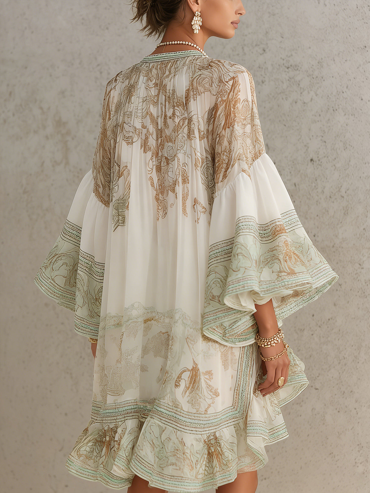 Rosalie | Mini Abito in Chiffon con Maniche a Volant e Orlo a Righe Verde