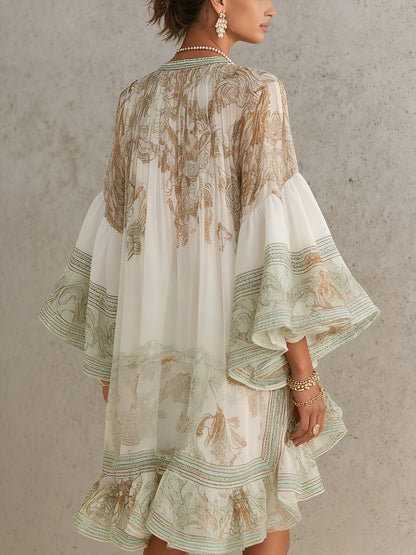 Rosalie | Mini Abito in Chiffon con Maniche a Volant e Orlo a Righe Verde