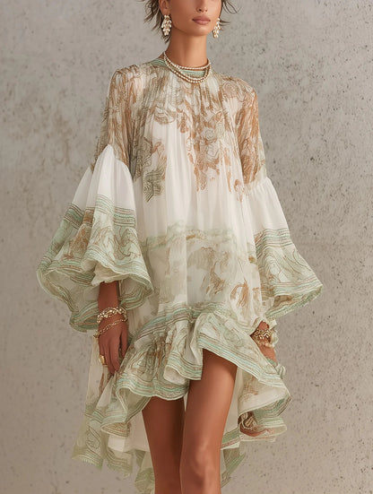 Rosalie | Mini Abito in Chiffon con Maniche a Volant e Orlo a Righe Verde