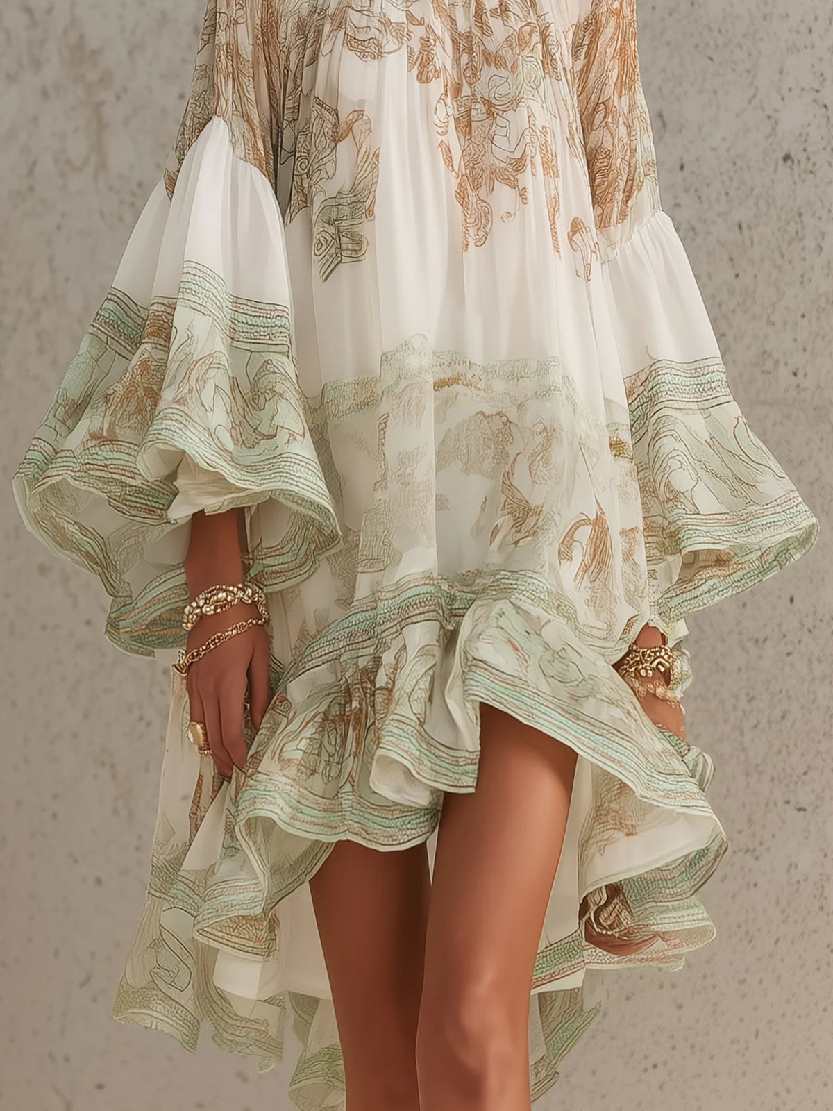 Rosalie | Mini Abito in Chiffon con Maniche a Volant e Orlo a Righe Verde