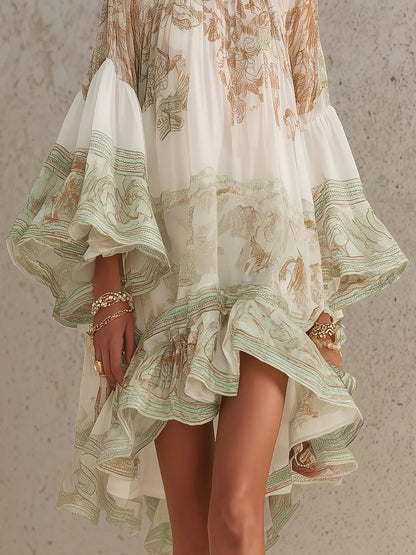 Rosalie | Mini Abito in Chiffon con Maniche a Volant e Orlo a Righe Verde