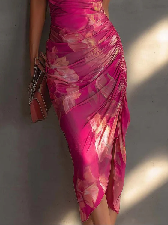 Vestito Bodycon Fucsia Stampa Floreale Senza Maniche con Arricciature e Spacco Laterale