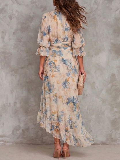 Abito maxi chiffon collo alto floreale beige - Bianca Módena