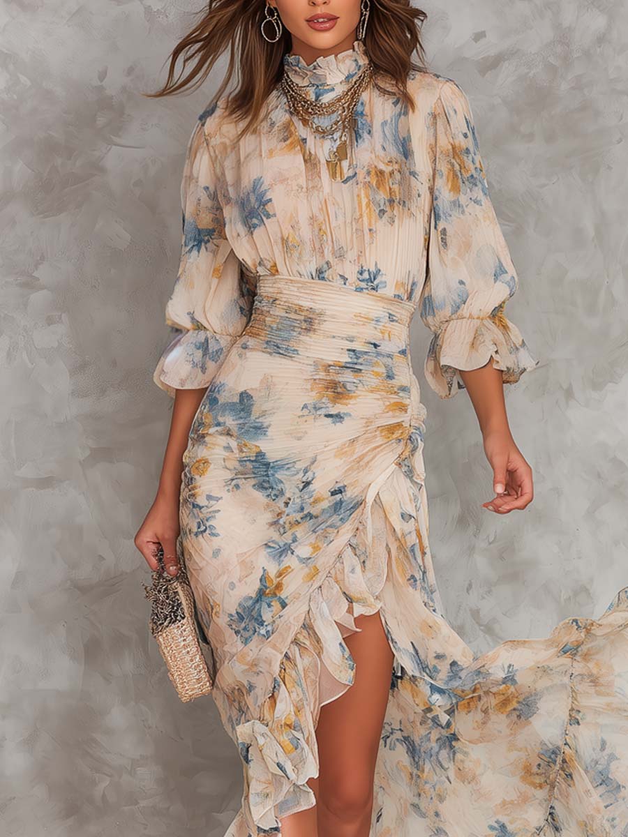 Abito maxi chiffon collo alto floreale beige - Bianca Módena