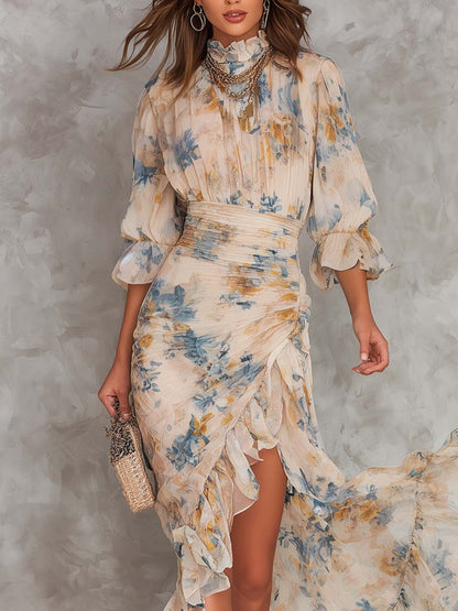 Abito maxi chiffon collo alto floreale beige - Bianca Módena