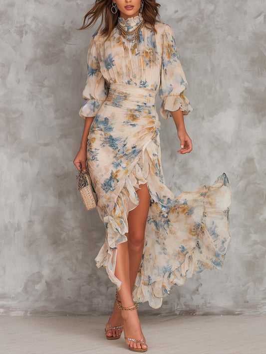 Abito maxi chiffon collo alto floreale beige - Bianca Módena
