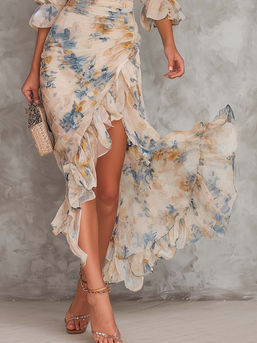 Abito maxi chiffon collo alto floreale beige - Bianca Módena