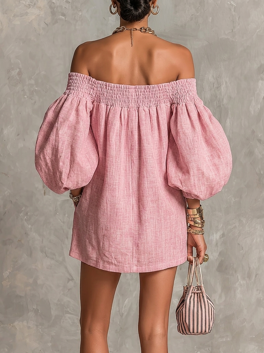 Violette | Mini Abito a Trapezio Rosa con Maniche a Lanterna e Spalle Scoperte