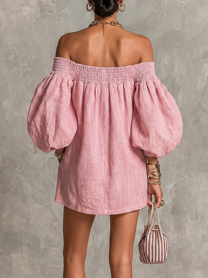 Violette | Mini Abito a Trapezio Rosa con Maniche a Lanterna e Spalle Scoperte