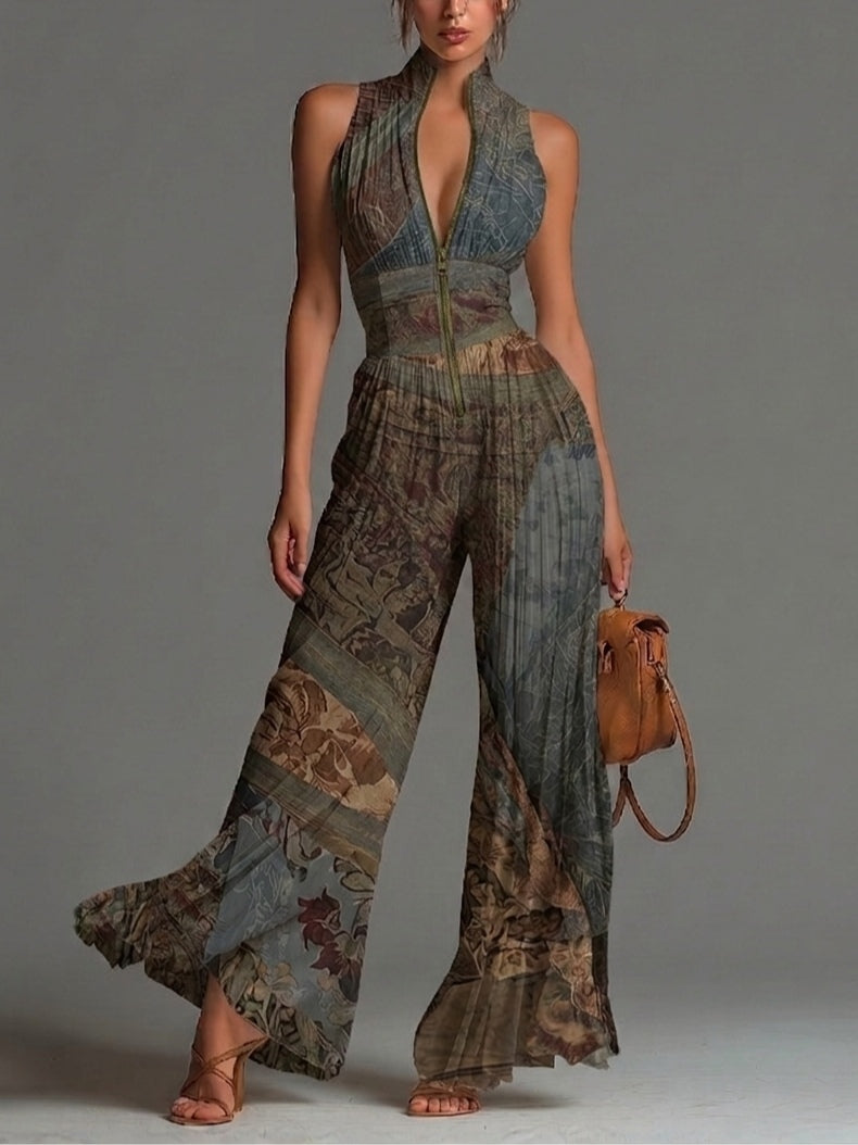 Tuta Larga Bohémien a Stampa Etnica in Chiffon, Senza Maniche con Zip e Plissettature