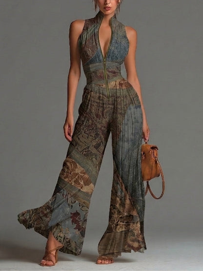 Tuta Larga Bohémien a Stampa Etnica in Chiffon, Senza Maniche con Zip e Plissettature