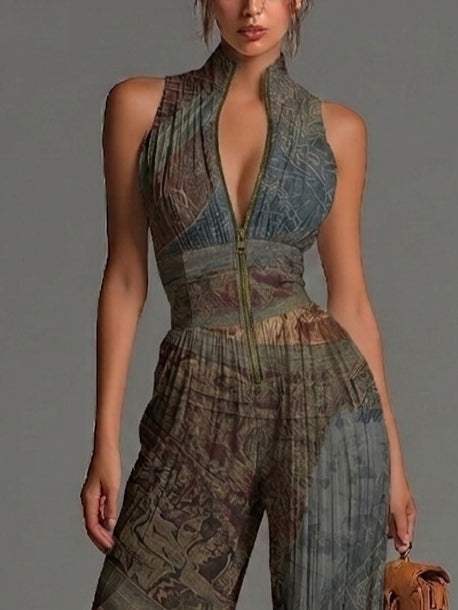 Tuta Larga Bohémien a Stampa Etnica in Chiffon, Senza Maniche con Zip e Plissettature