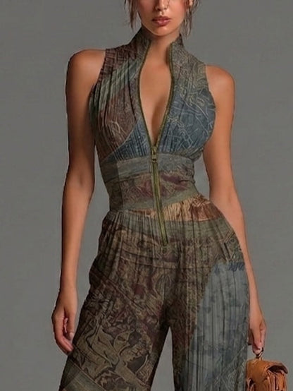 Tuta Larga Bohémien a Stampa Etnica in Chiffon, Senza Maniche con Zip e Plissettature