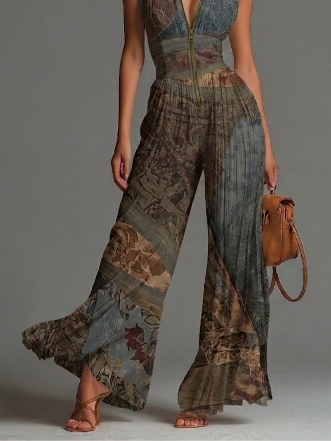 Tuta Larga Bohémien a Stampa Etnica in Chiffon, Senza Maniche con Zip e Plissettature