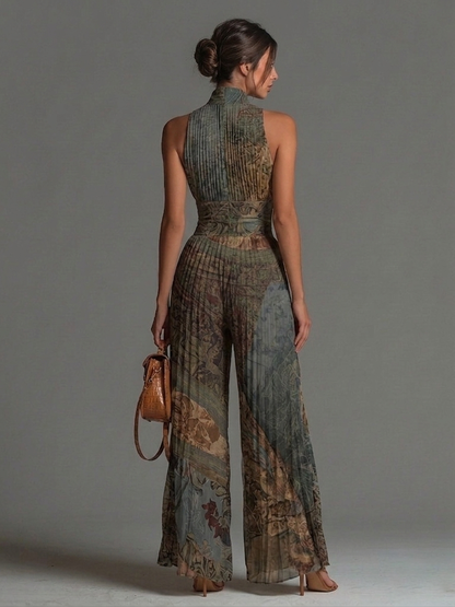 Tuta Larga Bohémien a Stampa Etnica in Chiffon, Senza Maniche con Zip e Plissettature