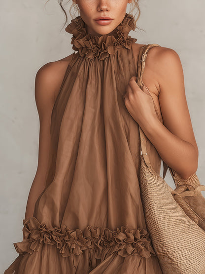 Bettina | Mini Abito Senza Maniche in Chiffon Marrone, Collo Halter e Volant