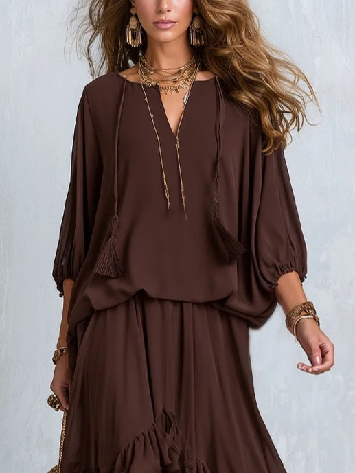 Set Marrone in Chiffon con Top Scollo a V e Gonna a Balze - Marrone