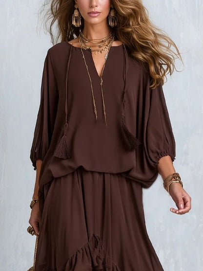 Set Marrone in Chiffon con Top Scollo a V e Gonna a Balze - Marrone
