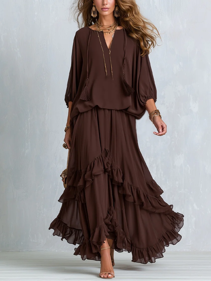 Set Marrone in Chiffon con Top Scollo a V e Gonna a Balze - Marrone
