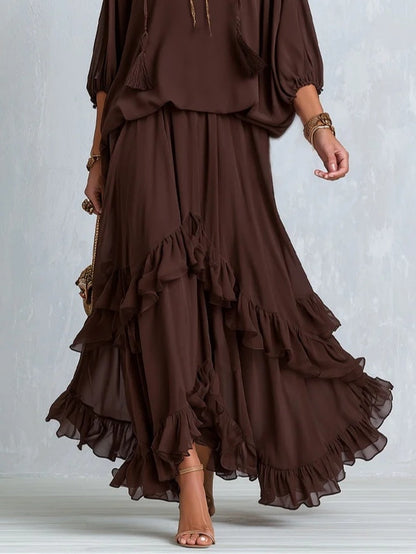 Set Marrone in Chiffon con Top Scollo a V e Gonna a Balze - Marrone