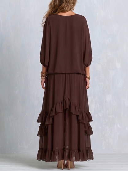 Set Marrone in Chiffon con Top Scollo a V e Gonna a Balze - Marrone
