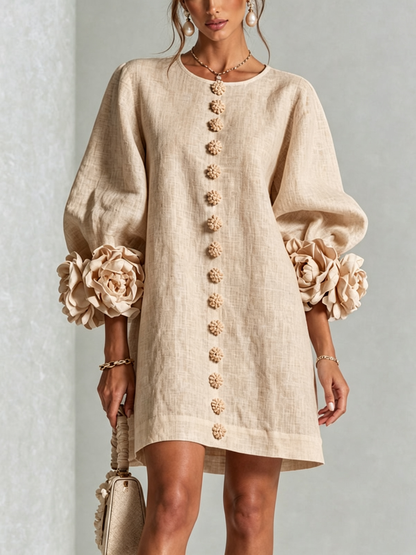 Abito Mini a Bottoni Floreali con Polsini a Rosette Vistose - Beige