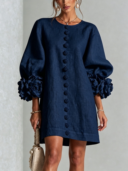 Abito Mini a Bottoni Floreali con Polsini a Rosette Vistose - Blu Navy
