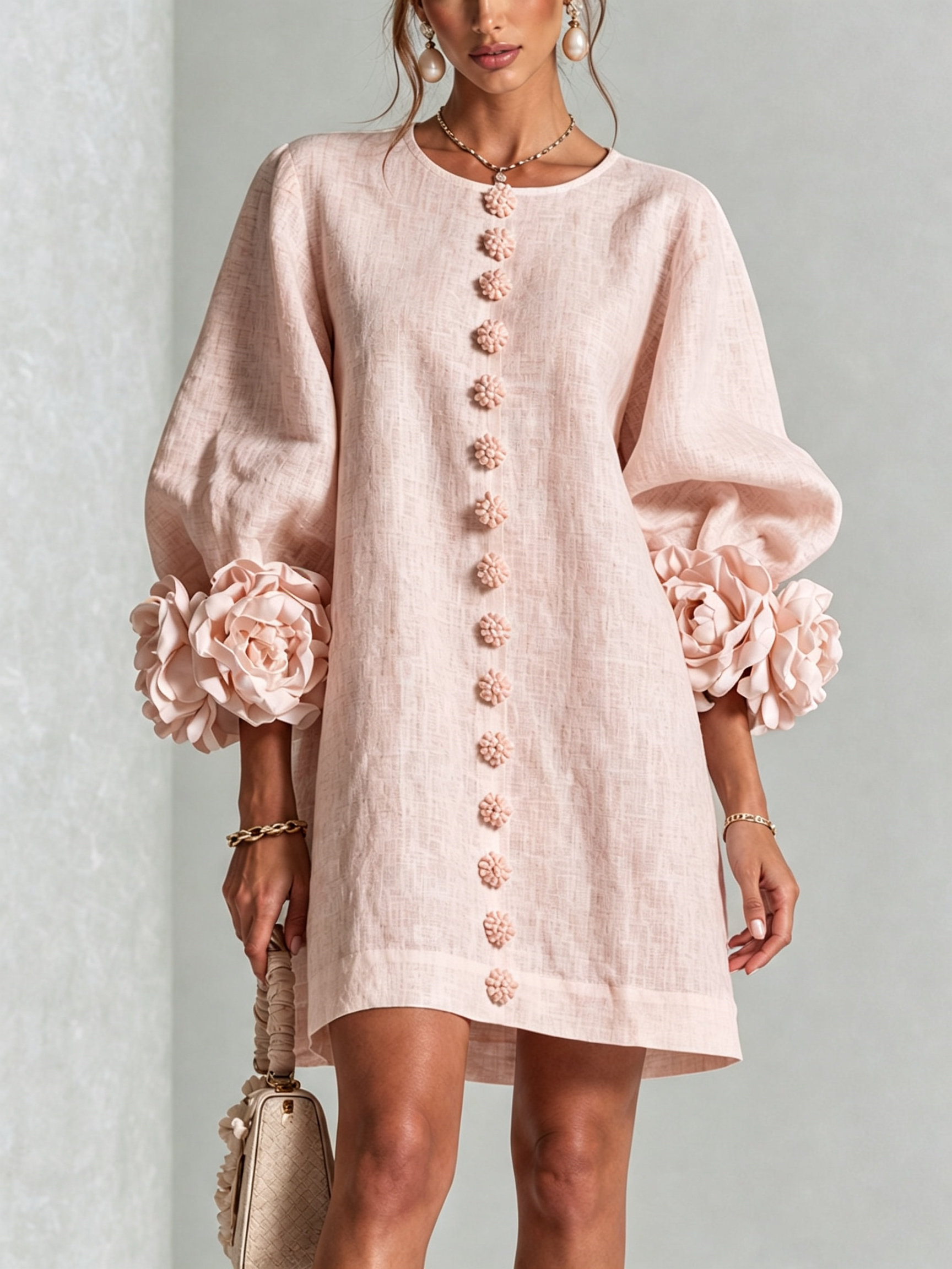 Abito Mini a Bottoni Floreali con Polsini a Rosette Vistose - Rosa