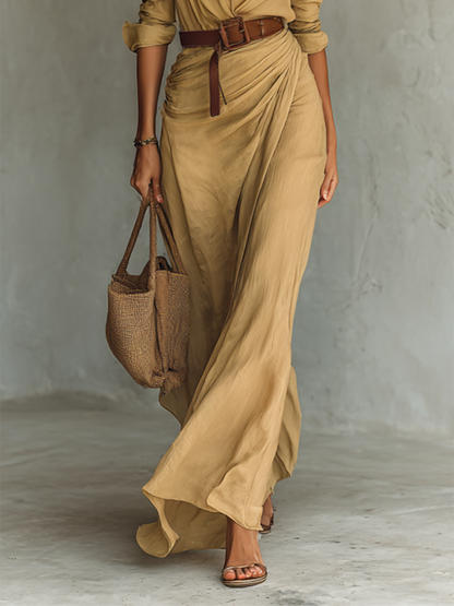 Abito Maxi Lungo con Collo Classico e Maniche Lunghe da Donna