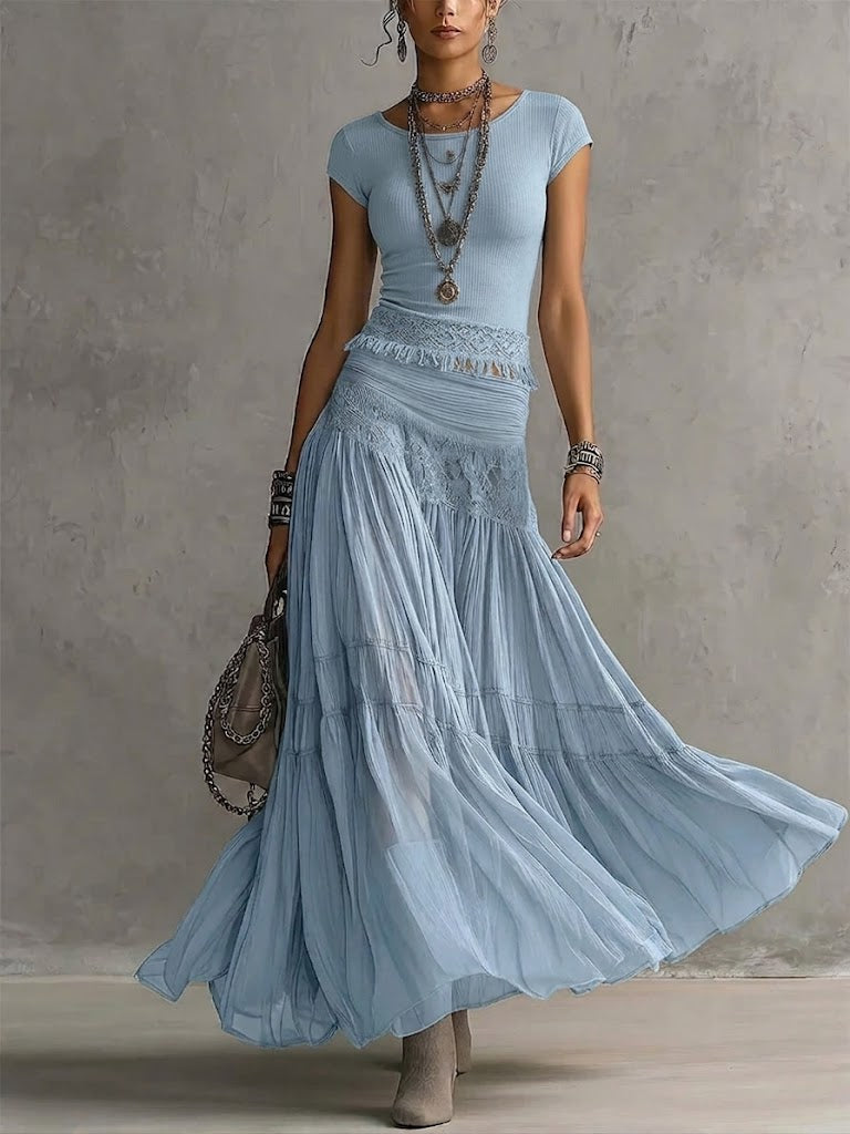 Completo due pezzi a maniche corte con gonna in stile boho - Celeste