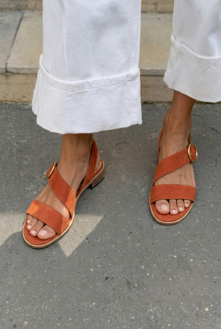 Sandali asimmetrici casual bassi a punta aperta con fibbia