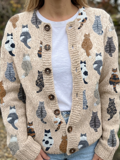 Filomena | Cardigan Comodo con Stampa di Gatti