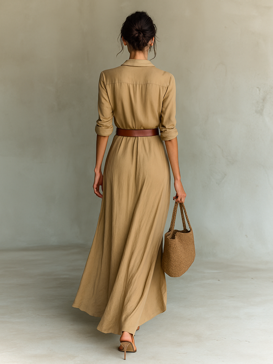 Abito Maxi Lungo con Collo Classico e Maniche Lunghe da Donna