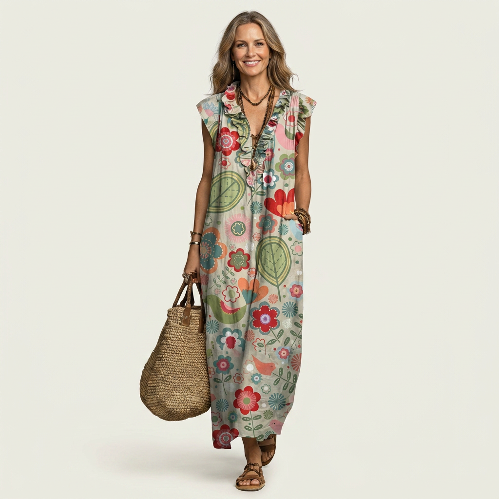 Bruna | Vestito Maxi con Volant e Scollo a V