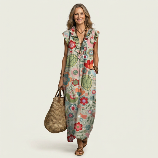 Bruna | Vestito Maxi con Volant e Scollo a V