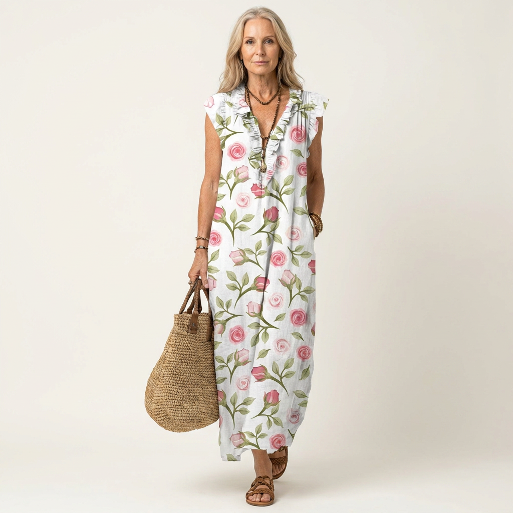 Teresa | Vestito Maxi con Volant e Scollo a V