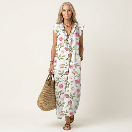 Teresa | Vestito Maxi con Volant e Scollo a V